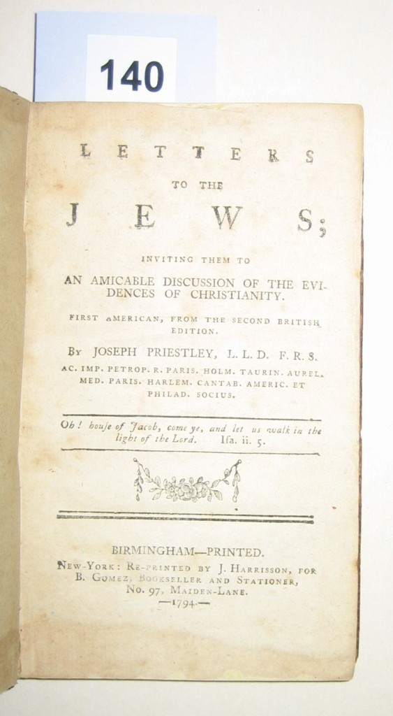 (JUDAICA.) Priestley, Joseph. Letters to the Jews; Inviting them to an Amicable Discussion of the Evidences of Christianity.